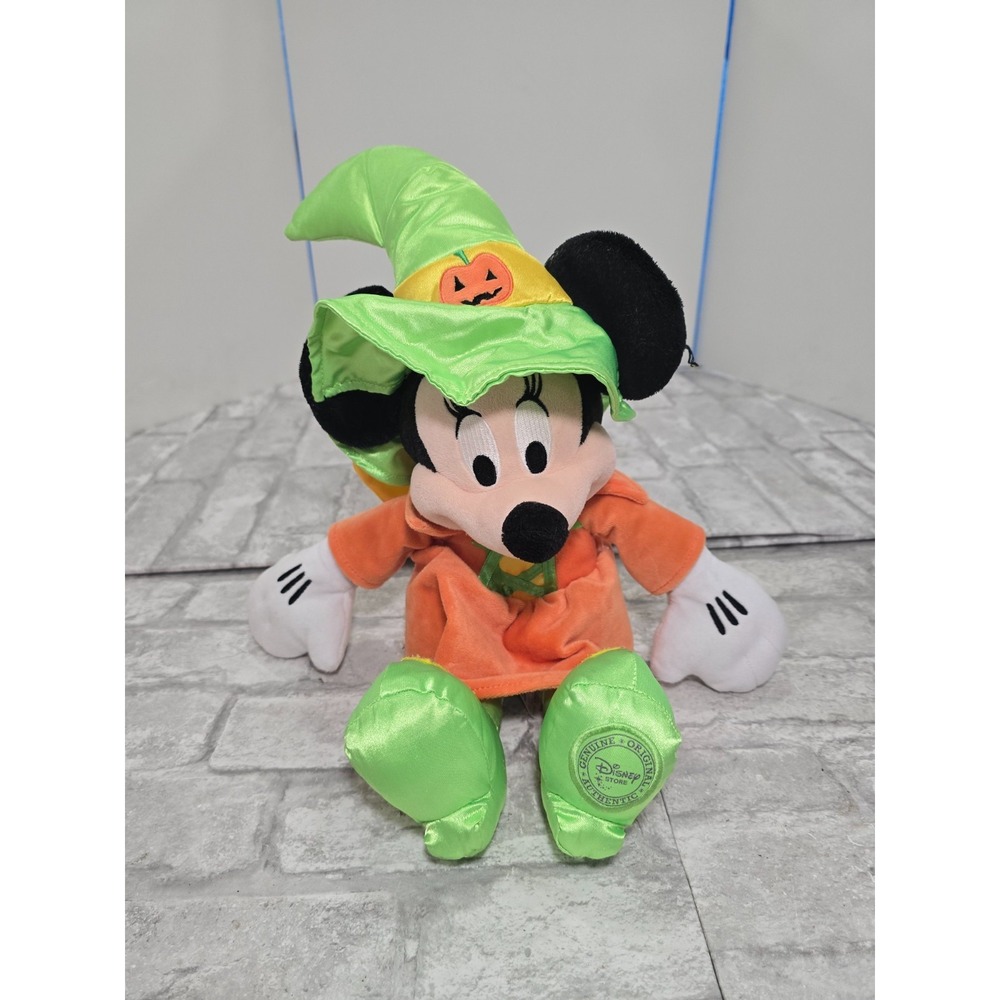 Disney Minnie Mouse Witch Plush Halloween 16" Disney Store Green Orange Pumpkin